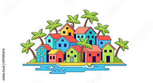 Colorful tropical village with palm trees and ocean, cartoon style illustration