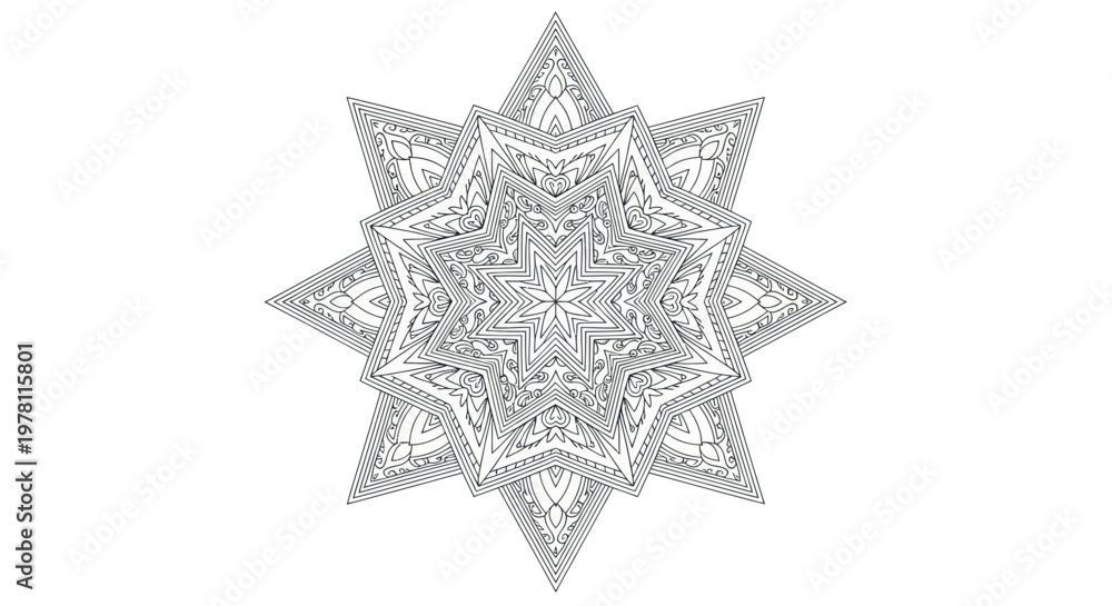 Obraz premium Intricate Star Mandala Design, Geometric Pattern, Spiritual Symbol, Black and White
