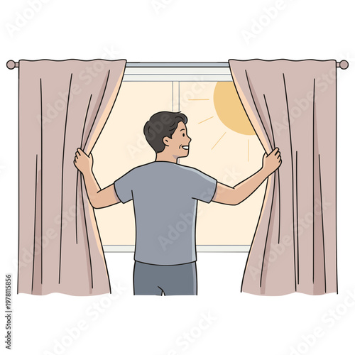 Man opens curtains to reveal sunny outdoor view from window