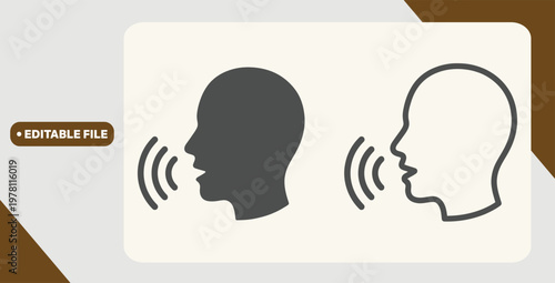 Speak symbol, voice icon linear and solid, human head with sound wave