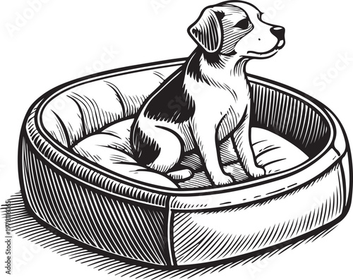 Puppy Dog Sitting in Pet Bed Hand-drawn Sketch Drawing Vector Illustration, Line Linear Symbol Black and White Engraving, Isolated