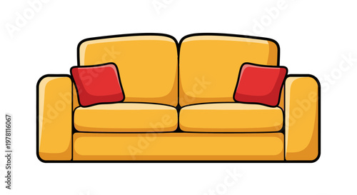 Vector Illustration of a Modern Yellow Couch with Two Red Cushions on a White Background