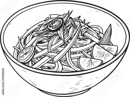 Som Tum Papaya Salad Thai Spicy Dish Hand-drawn Sketch Drawing Vector Illustration, Line Linear Symbol Black and White Engraving, Isolated