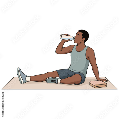Man sits on mat drinking water bottle after exercise routine
