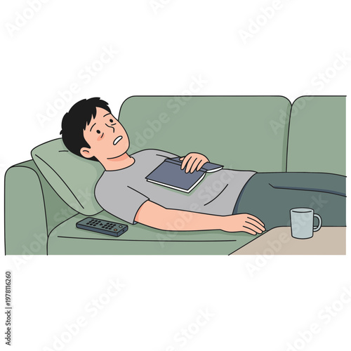 Man relaxing on sofa with tablet and coffee