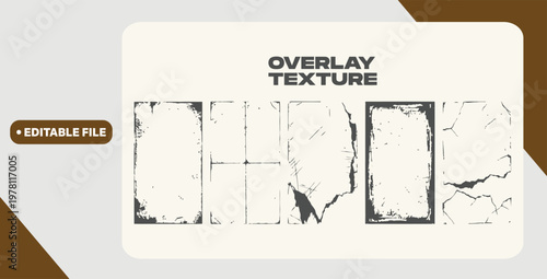 Old paper pages, overlay texture with torn, grain, worn, old, grunge effects. Overlay texture stamp, template frames with different effects. Vintage photo, old paper stamp. Vector graphic set