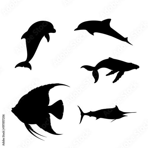 Sea Animal Silhouette Vector Collection - Dolphin, Whale, Shark, and Angel Fish