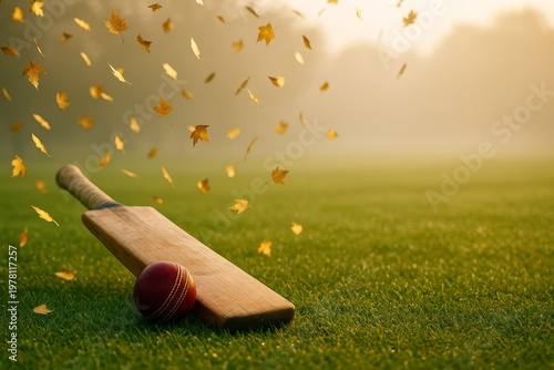 Cricket bat and ball sit on green grass as golden leaves fall. Autumn hues create a scenic, nostalgic sporting atmosphere.
