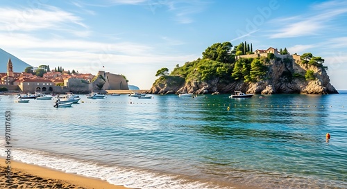 Scenic Coastal View of Sveti Stefan Island with Boats and Buildings Under a Blue Sky.