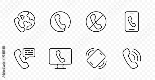 Phone communication set icon. Global call, incoming line, blocked contact, mobile device, message support, desktop call, vibration alert, ringing sound