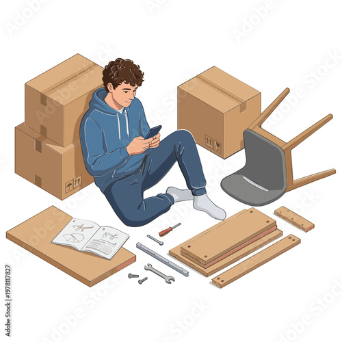 A man sits on floor surrounded by cardboard boxes and furniture assembly parts while checking his phone.
