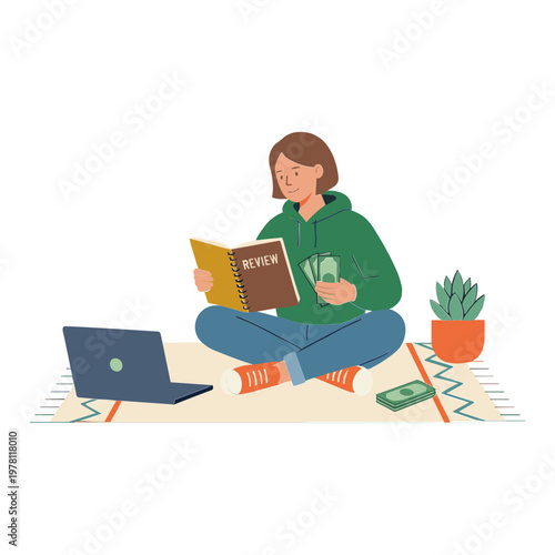 Woman studies on floor with laptop books and plant nearby indoors