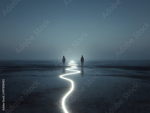 Two figures stand on a flat surface at dusk, looking toward a bright line of light in the distance