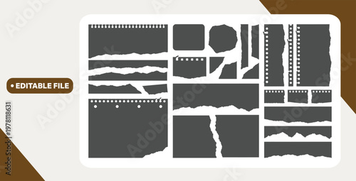 Colored ripped lined paper strips collection. Realistic paper scraps with torn edges. Sticky notes, shreds of notebook pages. Vector illustration.