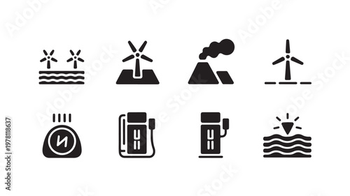Alternative Energy Icons Including Wind Turbines and Gas Pump For Eco Friendly Concepts