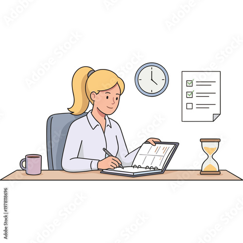 A woman sits at a desk working on a laptop with a clock and papers nearby.