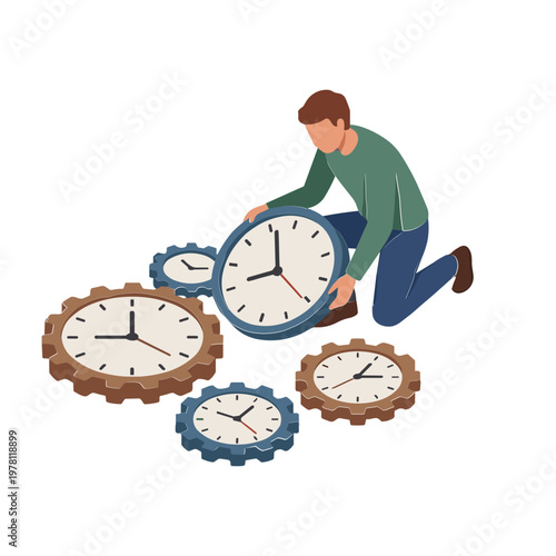 A man is adjusting a large clock while kneeling among several other clocks.