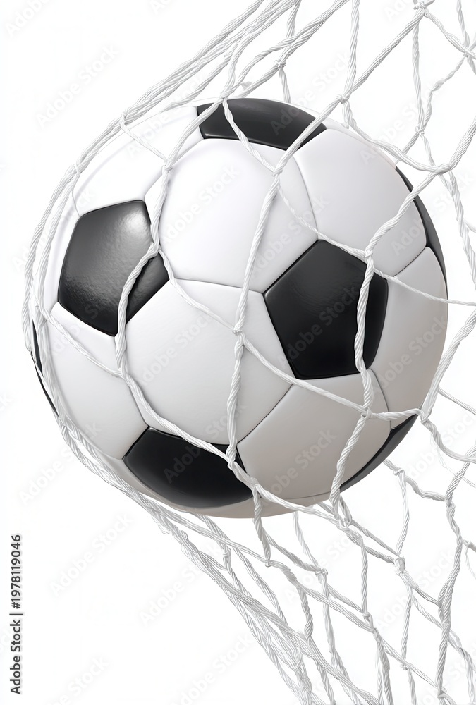 Naklejka premium A classic black and white soccer ball finds the back of the net, marking a crucial goal during the World Cup 2026. This winning moment ignites celebration in Mexico, USA, and Canada.
