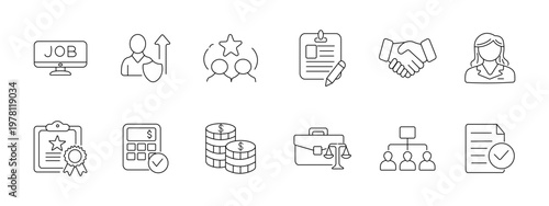 Human resources career set icon. Job monitor candidate promotion team resume handshake woman certificate calculator coins briefcase hierarchy document depict employment business.