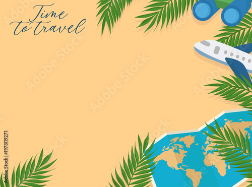 Travel background with copy space, palm leaves and world map Summer vacation frame Top view travel concept background