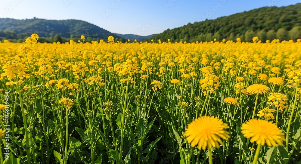 Fototapeta premium Vibrant Field of Yellow Dandelions Under a Clear Blue Sky.