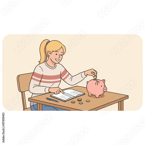 Woman saving money in piggy bank at wooden desk with calculator
