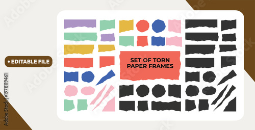 Set of Torn Paper Frames. Colored and black vector collage shape of ripped papers silhouettes isolated on white background. Collection old vintage paper backgrounds. Abstract overlay scratched design.