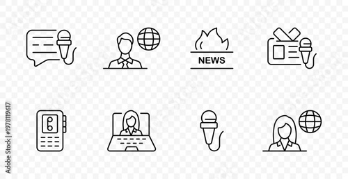 News media set icon. Interview microphone, reporter, breaking news fire, press card, smartphone report, online broadcast, journalism, media coverage