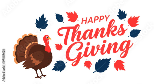 Happy Thanksgiving Turkey and Autumn Leaves Illustration - Holiday Greeting