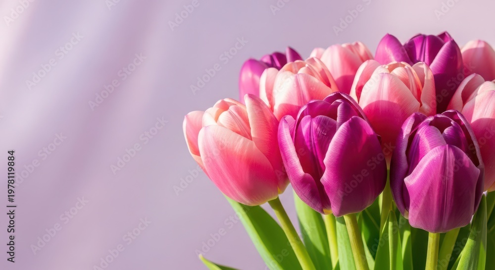 Fototapeta premium Vibrant bouquet of pink and purple tulips on soft lilac background