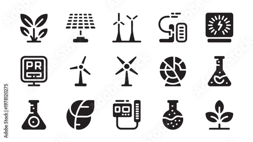 Eco Friendly Technology Icons Set For Sustainable Energy And Science Concepts