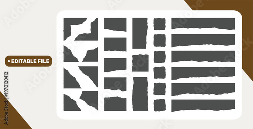 Set of white torn notebook paper pieces. Ripped paper strips. Realistic notepad sheets, scraps of notebook page, with torn edges. Vector illustration.