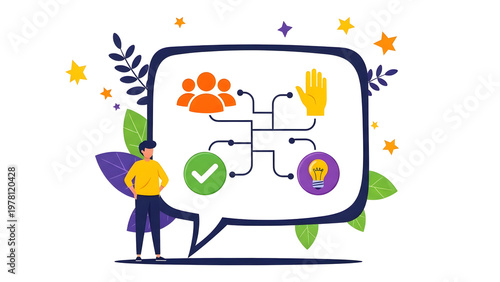 A man presenting a flowchart in a speech bubble on transparent background