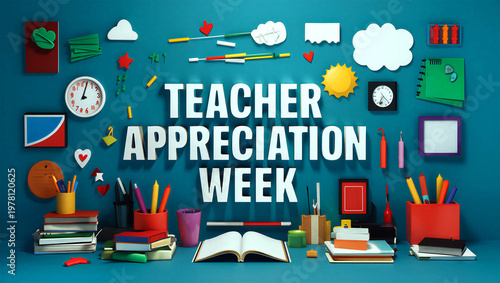 Colorful teacher appreciation week celebration with school supplies and creative decorations on blue background