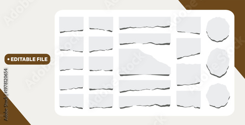 Set of torn ripped paper sheets isolated on a transparent background. Vector illustration.