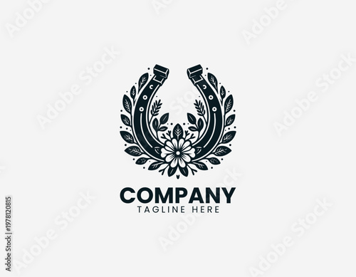 Floral horseshoe symbol in elegant black vector logo illustration style on a white background