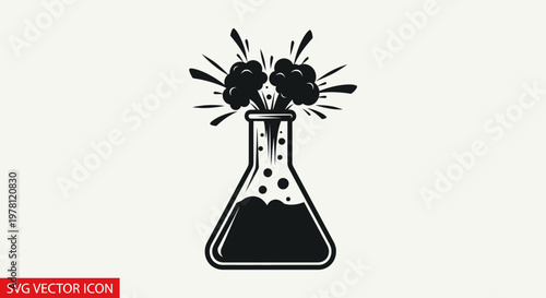 Chemical reaction explosion in laboratory flask, science experiment vector icon