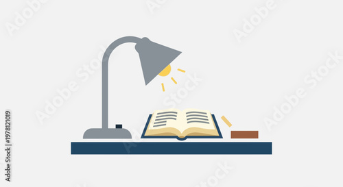Desk lamp illuminating an open book, study or reading concept illustration