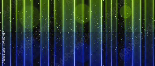 Cyan blue vertical light curtain composition. Bright glowing columns, cool cyan upper tones blending into deep blue lower glow, scattered spark particles, soft bokeh circles, dark backdrop