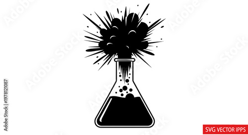 Explosion in laboratory flask, science experiment, chemical reaction, black and white