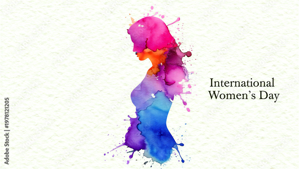Fototapeta premium Colorful watercolor silhouette of a woman celebrating international womens day in artistic style