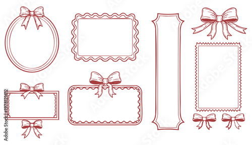 Whimsical coquette style set with red ribbon bows, wavy frames, hand-drawn borders and vintage doodles, vector