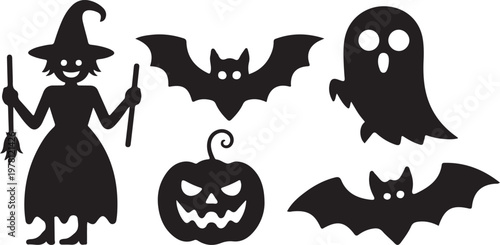 Halloween Icon Set Black Silhouette Vector Ghost Bat Pumpkin Spider