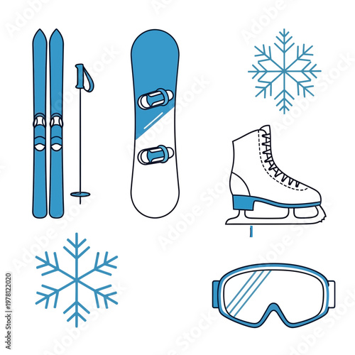 Winter sports equipment collection skis snowboard skates and accessories