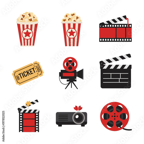 Cinema and movie night icons popcorn film reel tickets and camera equipment
