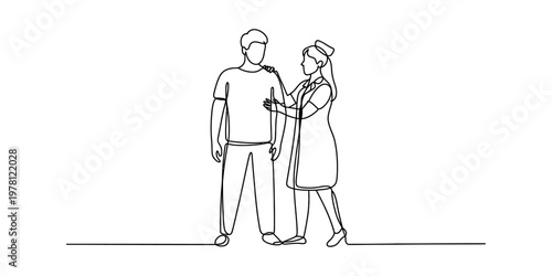 A single line drawing of a caring nurse providing comfort to a patient standing in a clinic room Vector, illustration