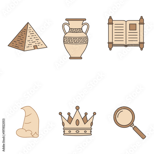Ancient civilization icons pyramid vase scroll crown and more