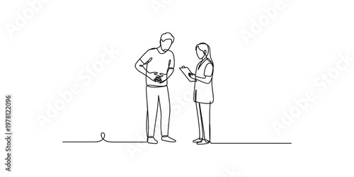 A continuous line drawing of a patient consulting a healthcare professional about stomach pain Vector, illustration