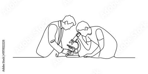 A minimalist single continuous line drawing of two people observing through a lab microscope Vector, illustration