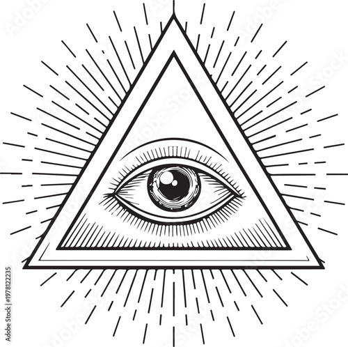 Eye or Providence Mason Symbol Hand-drawn Sketch Drawing Vector Illustration, Line Linear Symbol Black and White Engraving, Isolated